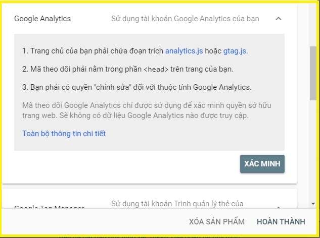 xác minh bằng google analytics