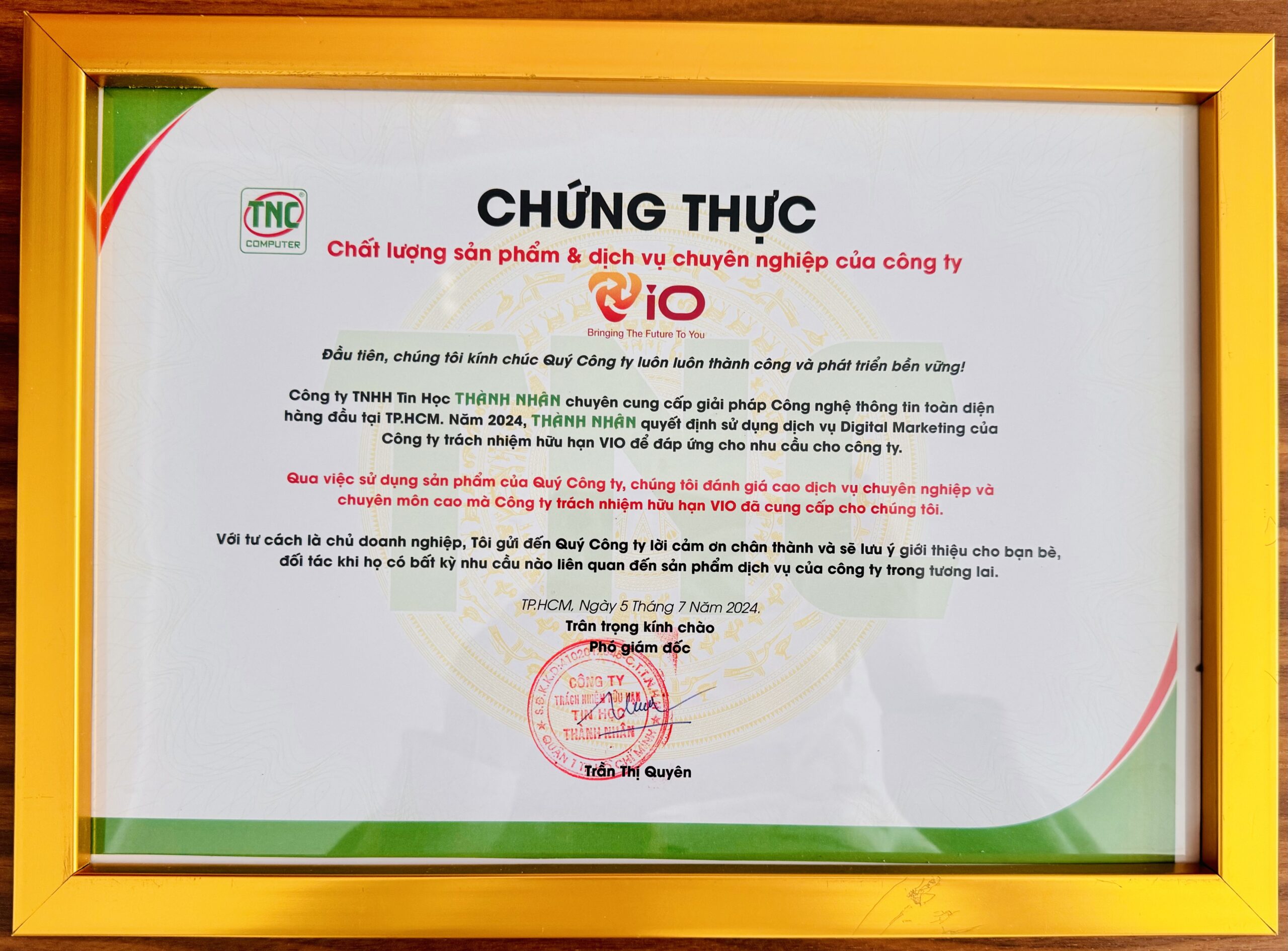 Công ty TNHH Tin Học Thành Nhân TNC chứng thực dịch vụ của VIO Agency