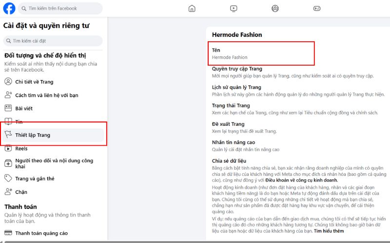Bước 2: Mở phần chỉnh sửa thông tin trang
