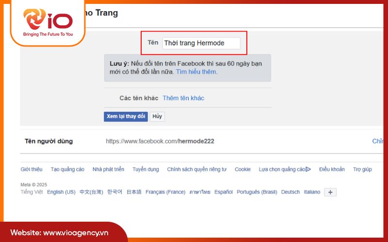 Bước 3: Nhập tên mới cho Fanpage
