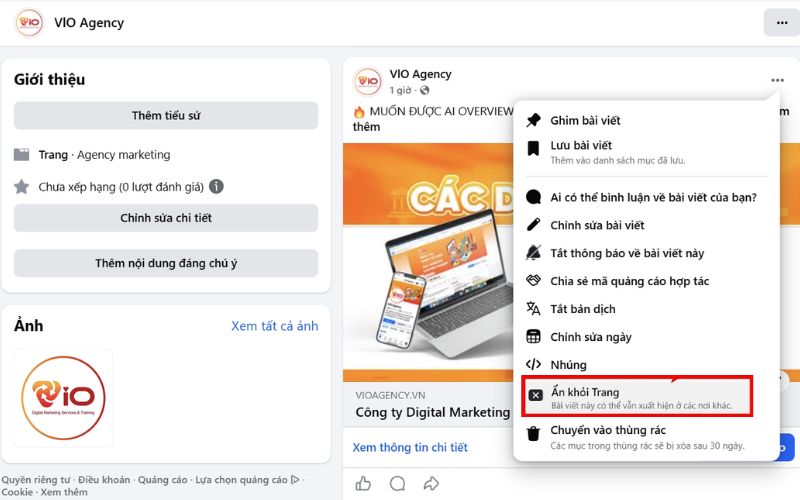Cách ẩn bài viết trên fanpage bằng máy tính