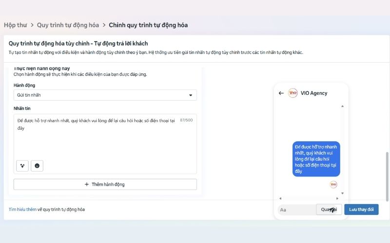 Hoàn tất tạo tin nhắn tự động trên fanpage