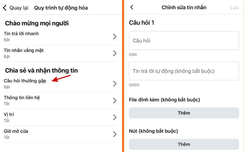 Tùy chỉnh câu hỏi thường gặp trên fanpage
